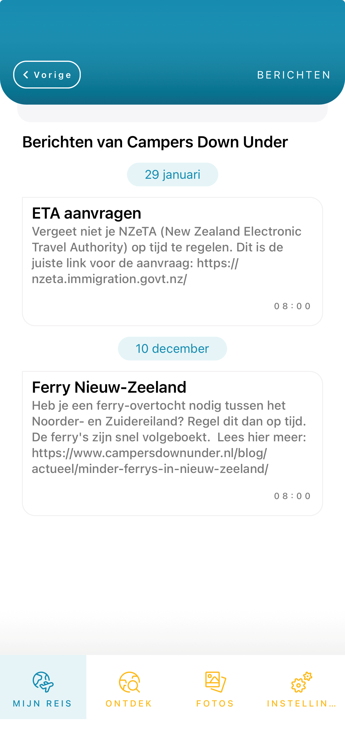 Screenshot Mijn Camperreis app berichten | Campers Down Under
