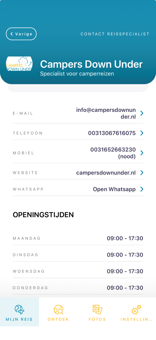 Screenshot Mijn Camperreis app contact | Campers Down Under