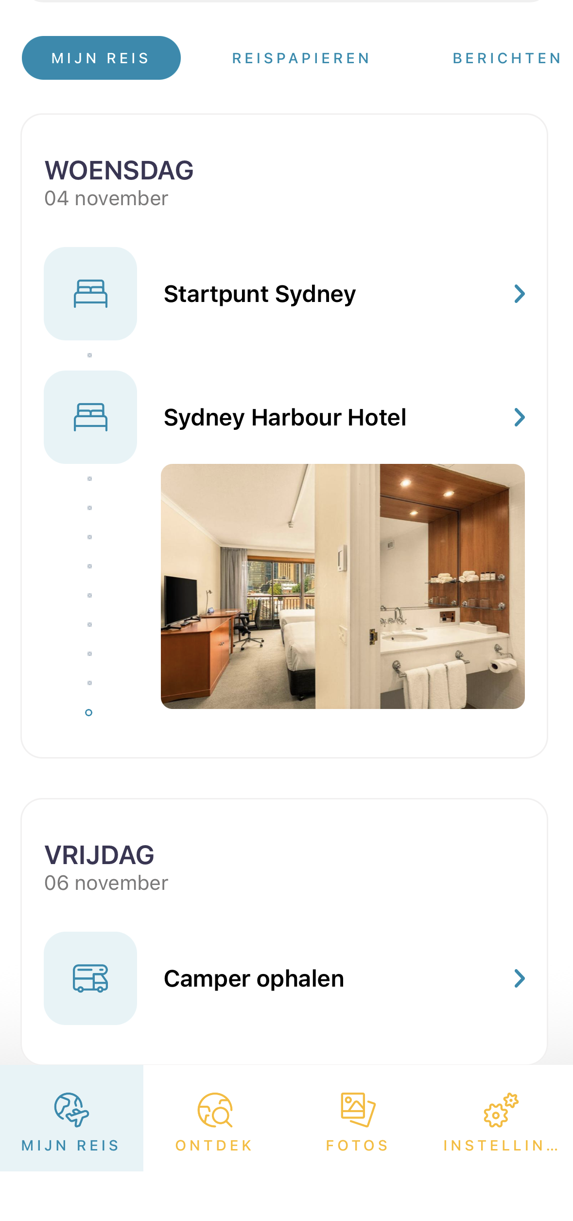 Screenshot Mijn Camperreis app reisschema | Campers Down Under